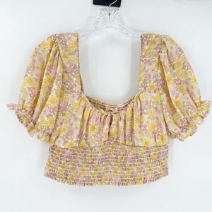 Le Lis Collection Yellow Pink Floral Puff Sleeve Smocked Cropped Top Size Medium